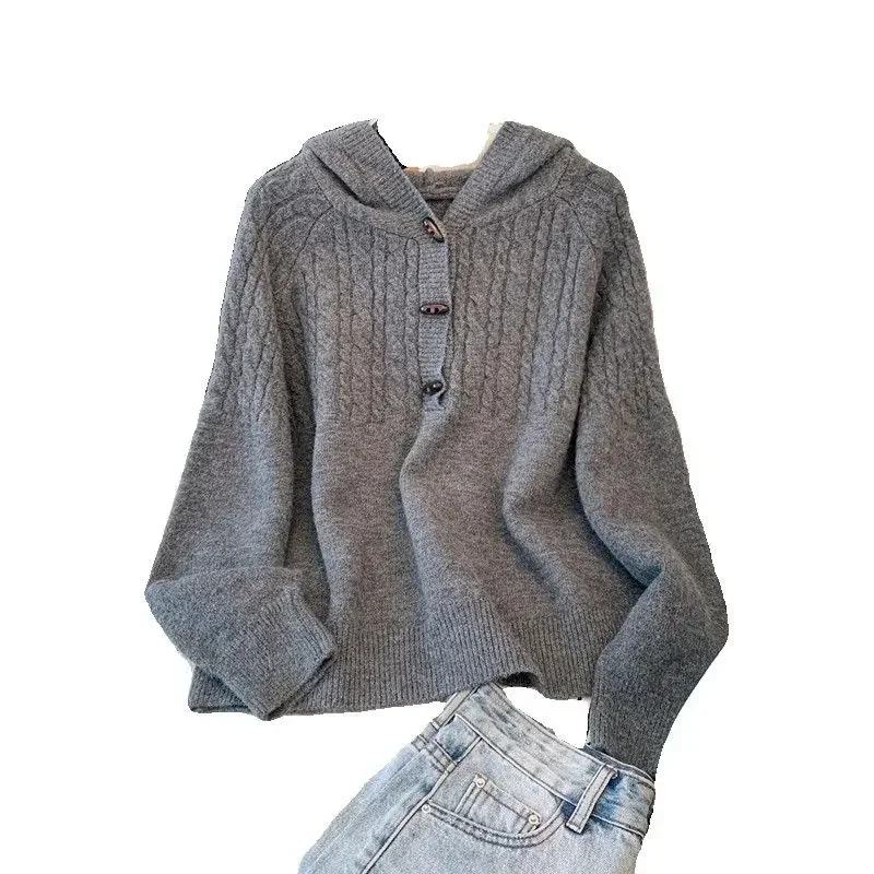 秋冬春新作 ヴィンテージ風 牛角ボタン フード付き 揚げパン風 ニット セーター コート 裏地付き ゆったり ウールニット