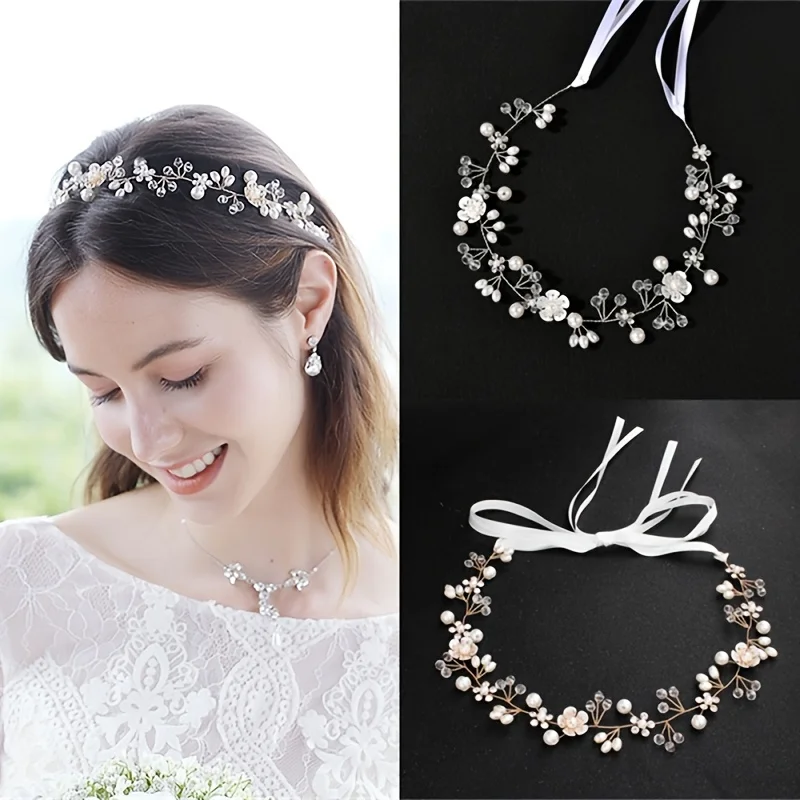 Wedding Crystal Pearl Flower Headband Tiara Hair Vine For Women Bride Bridal Wedding Hair Accessories Jewelry Ornaments Headband