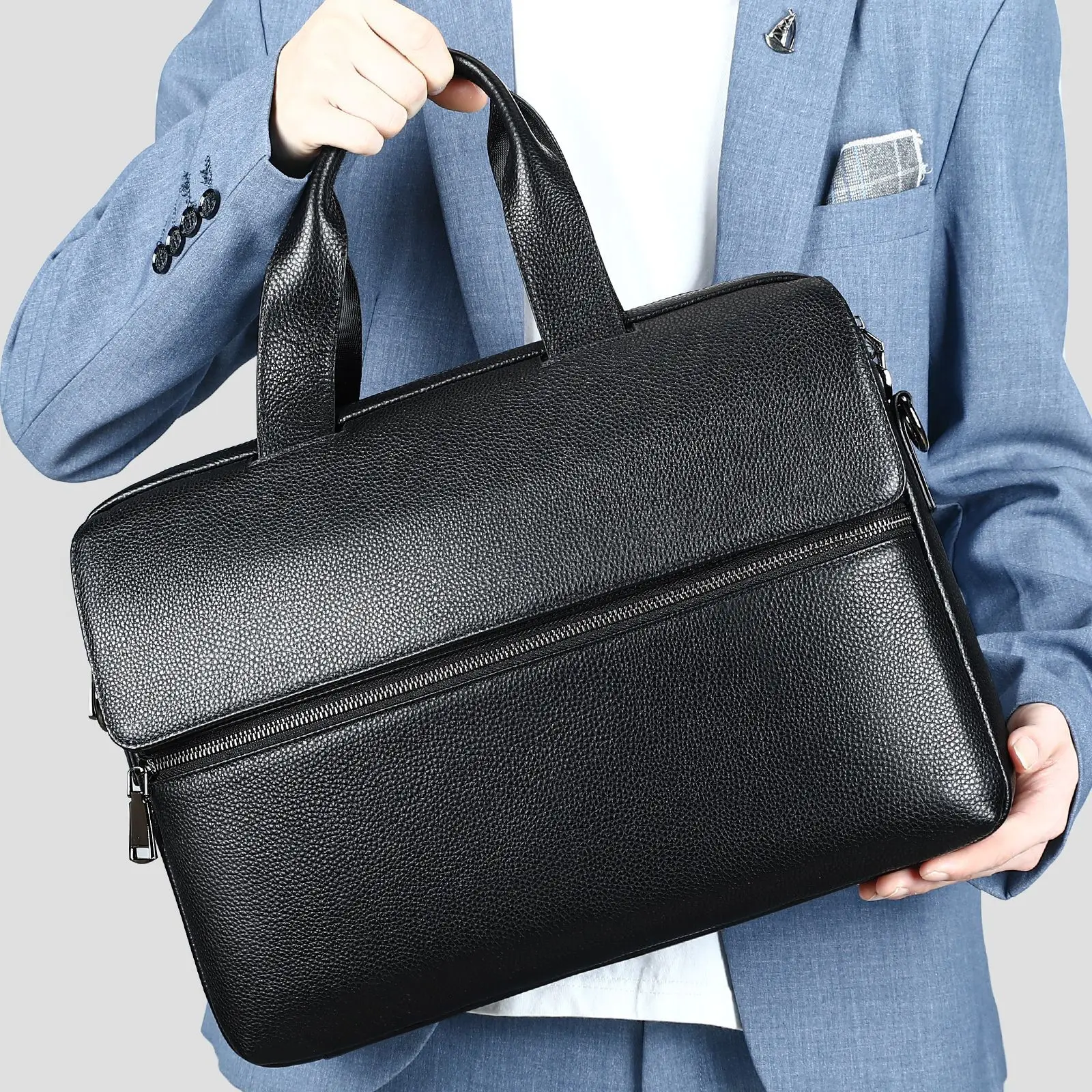 Fashion Trend Black Men's Bag Genuine Leather 15.6 Computer Bag Business Briefcase Travel Male Shoulder Crossbody Bag Messenger