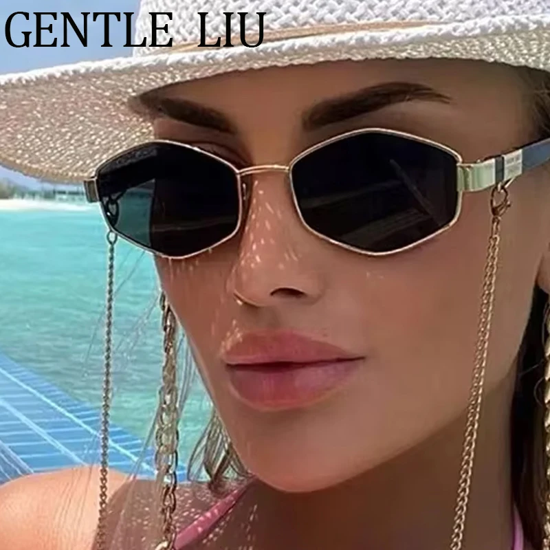 Irregular Geometric Frame Sunglasses with Chain for Women Luxury Brand Designer Punk Driving Eyewear Sun Glasses 2026 Trends New