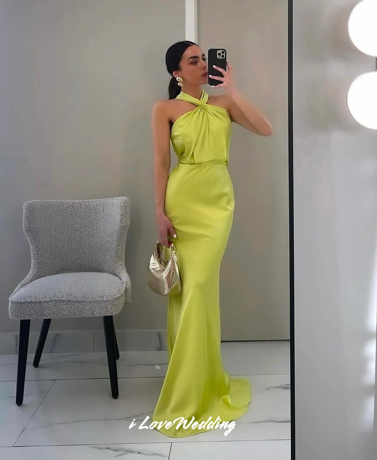 

Yellow Halter Evening Dress 2025 Satin Sleeveless Mermaid Backless Pleat Floor-Length شارون سعيد Wedding Party Dress Customized