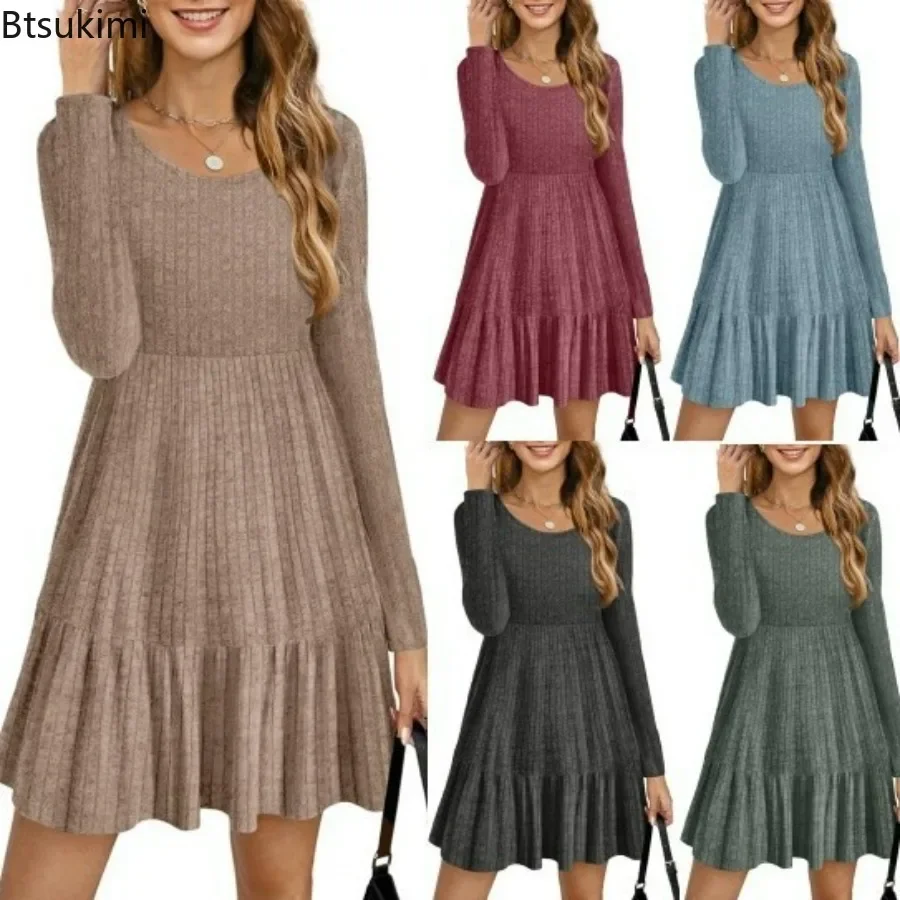 New 2024 Women\'s Knitted Long Sleeve Dress Solid Autumn Winter Round Neck Club Party Dresses for Women Casual Loose Dress Robe