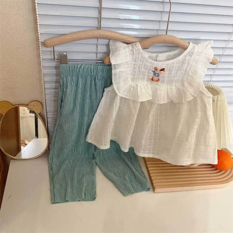 

Two Pieces Girls Clothing Set Cartoon Print Flying Sleeve Tank Tops+Green Wide Leg Pants Cute Kids Summer Clothes Suits 2-8Y