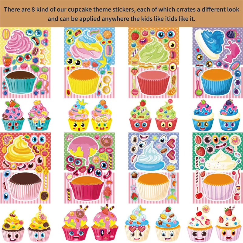 Make A Cupcake Sticker Sheets for Kids Sweet Create Your Own Cupcake DIY Puzzle Stickers Children Birthday Gifts Party Decals