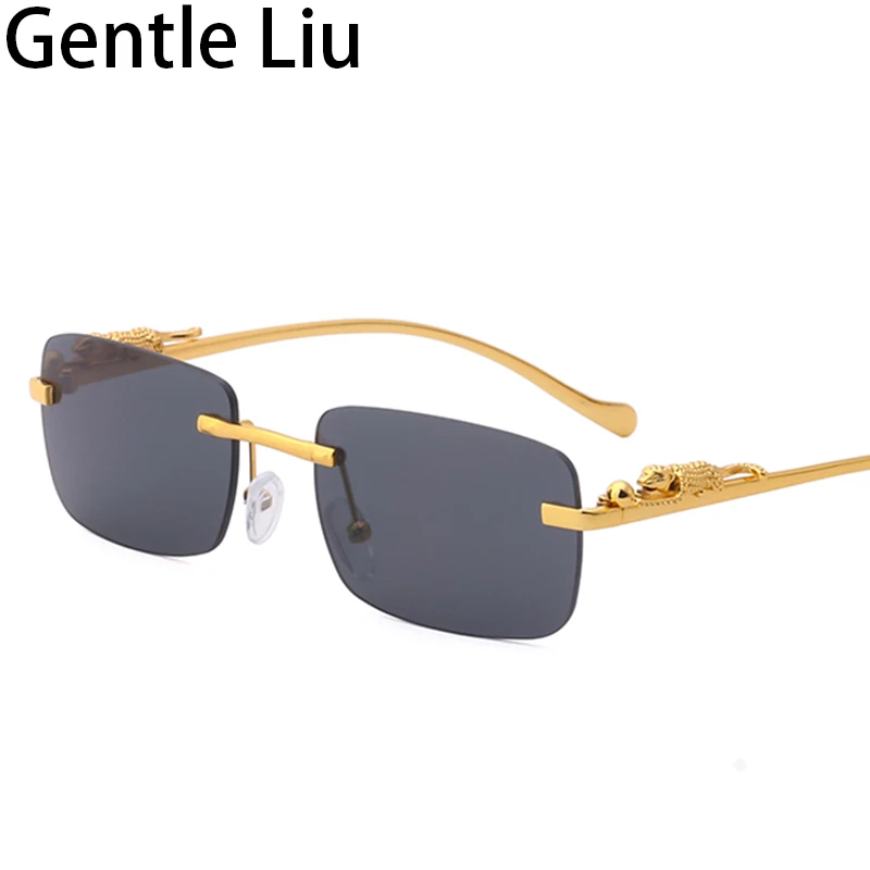 Small Rectangle Rimless Sunglasses Men Women 2024 Luxury Brand  Fashion Anti Blue Light Frame Leopard Shade Square Eyewear UV400