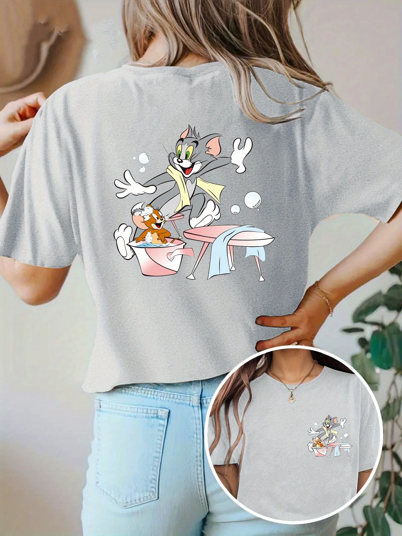 توم وجيري طباعة المرأة تي شيرت قصير الأكمام القطن تيز الكرتون توم وجيري المرأة تي شيرت ماركة ملابس الصيف Y2k القمم #4