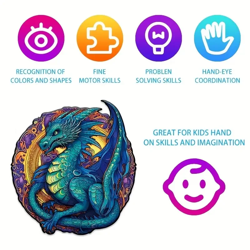 Dragon King Wooden Jigsaw Puzzle, Uniquely Irregular Animal Shaped Wooden Stress Relief Toy
