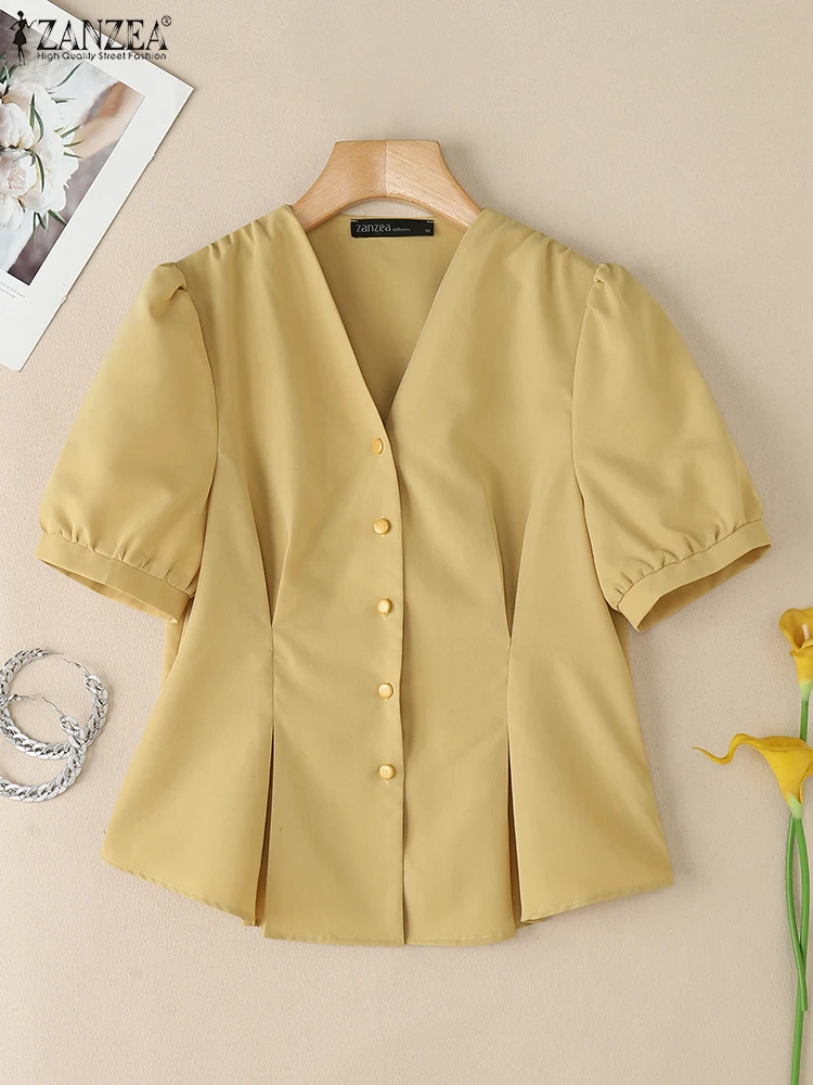 

ZANZEA Summer Eegant Office Work Shirts Stylish Women Blouses V Neck Slim Fit Tunic Tops Short Puff Sleeve Solid Buttons Blusas