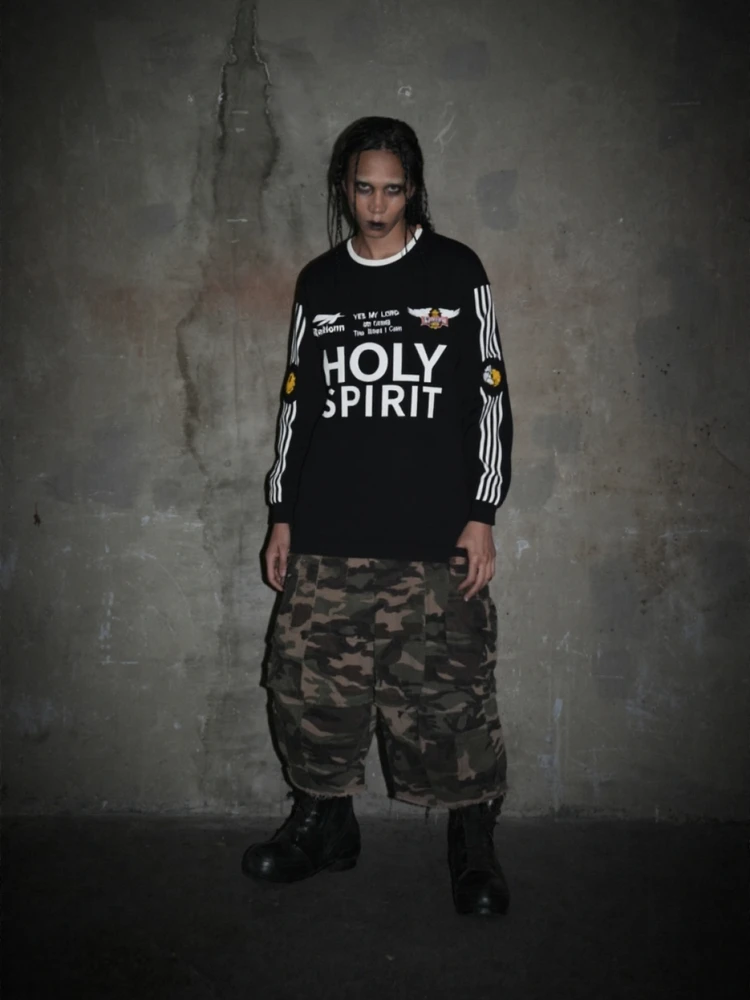 

HA7MS Retro Striped Embroidered Long Sve Smile Face Limited Edition Couple's T-irt Comfortable ex Hoodie Sweatirt