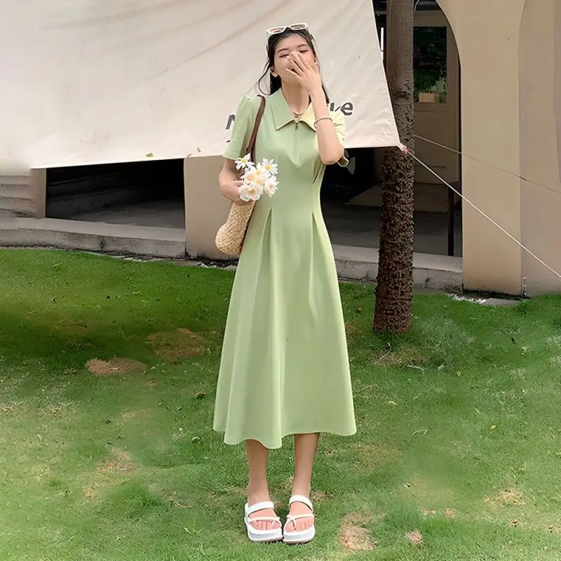 Women Summer Fashion Polo Dress 2024 Sporty Style Pure Color Short Sleeve Dresses Korean Lady Graceful Slim Green Clothing