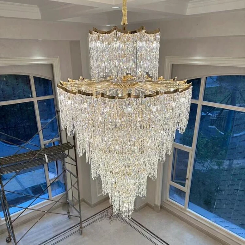

Duplex Crystal Chandelier Hotel Loft Lobby American Villa Living Room Hollow Luxury Decorative Staircase Lamp