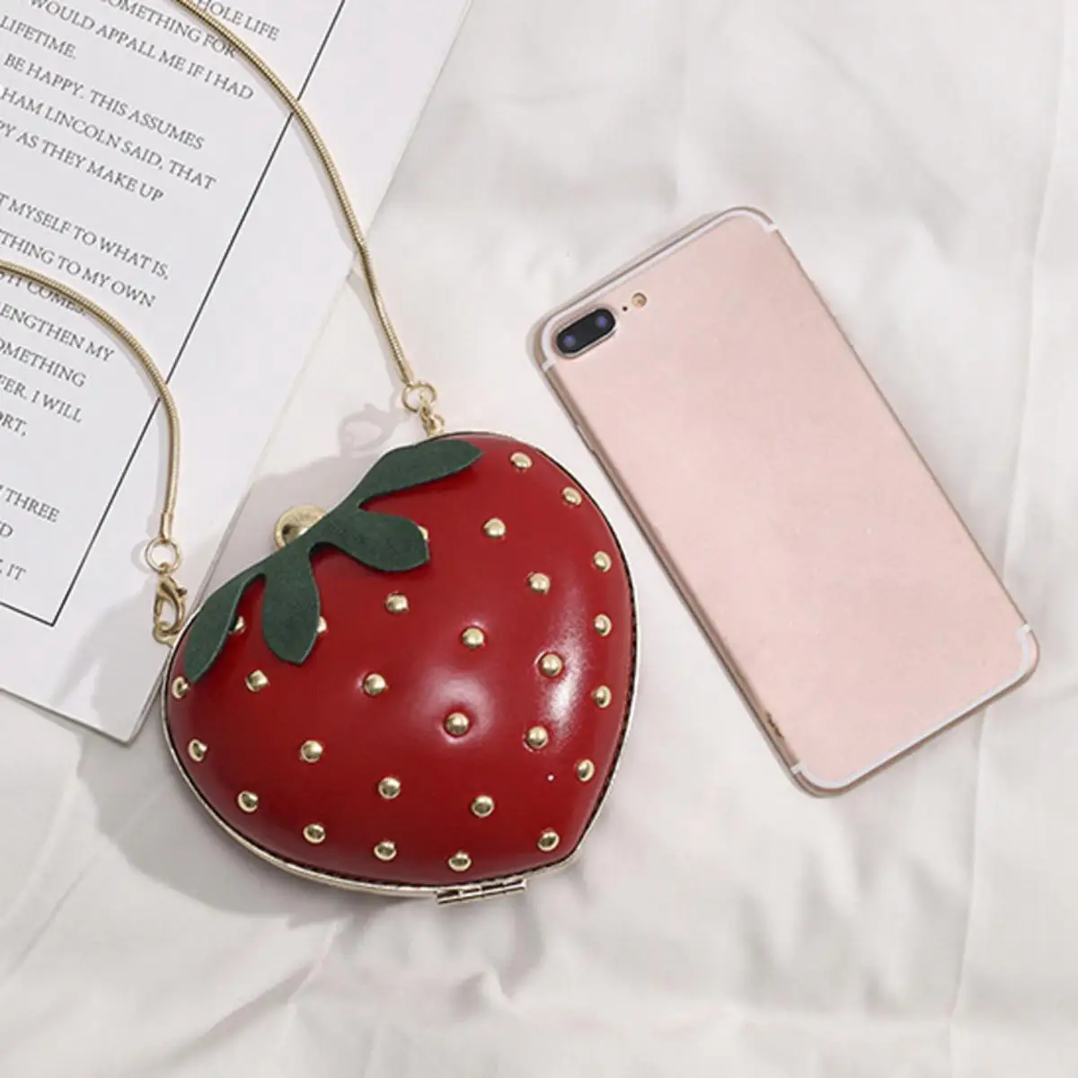 Women's Summer Fashion Cute Strawberry Crossbody Bag Rivet Snake Bone Chain Bag