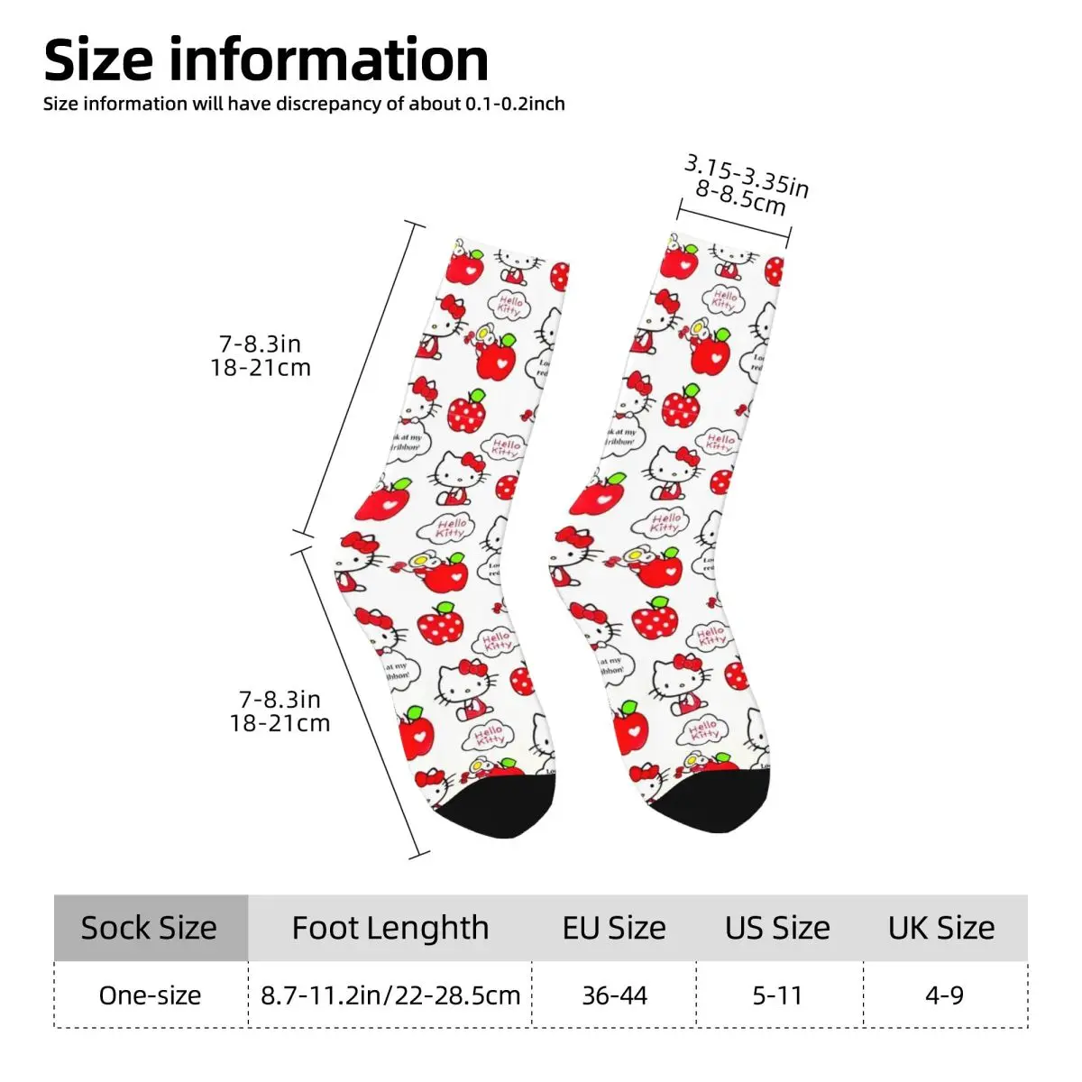 Polyester Crew Socks para homens e mulheres, Hello Kitty, Apples Ribbon, Crazy Design, oficial