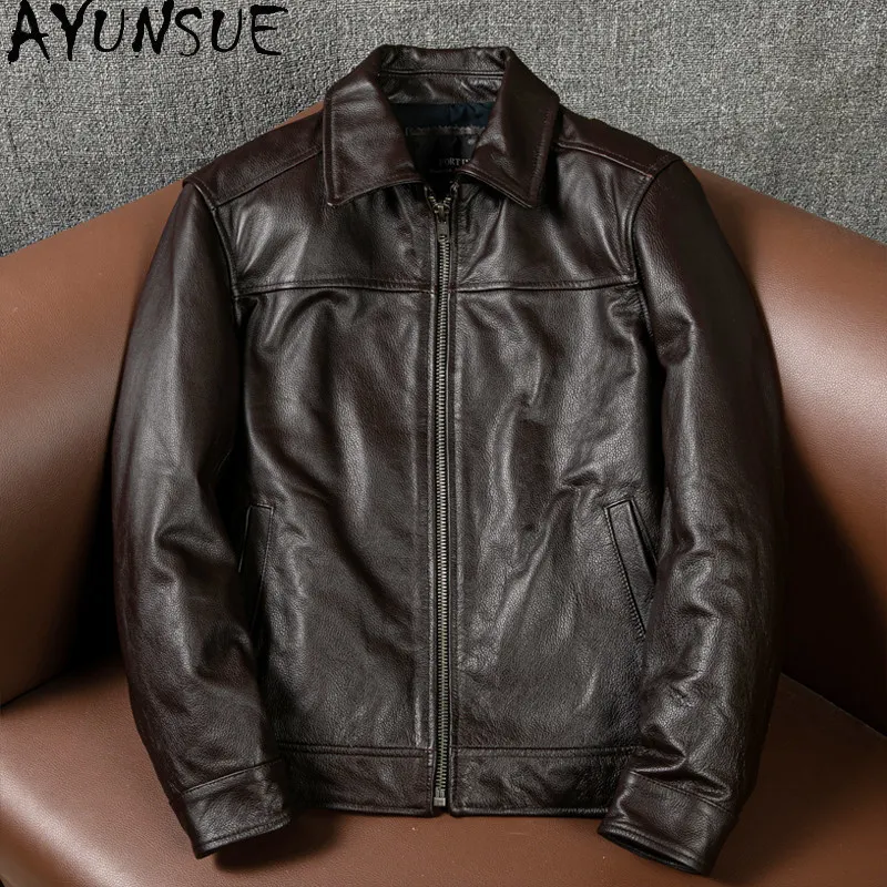 AYUNSUE Pure Cowhide Real Leather Jacket Man High Quality Genuine Cow Leather Mens Leather Jacket Casual Simple Short Streetwear
