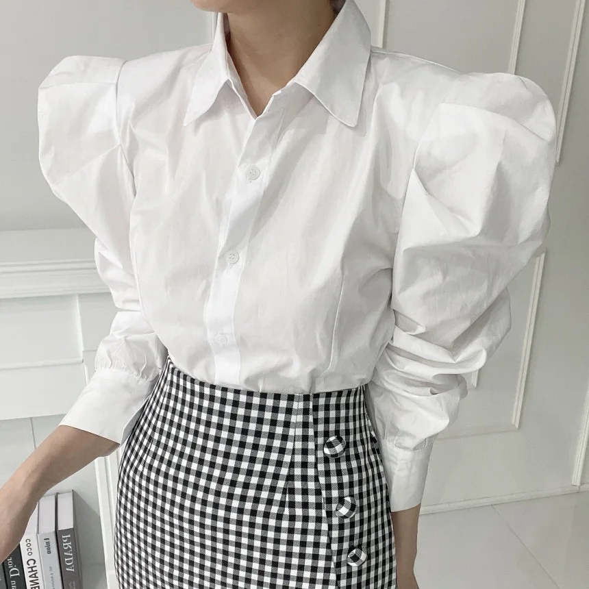 

REALEFT Korean Style Bubble Sleeve Women's Tops Shirt Fashionable Spring New Design Single Breasted Casual Blouse