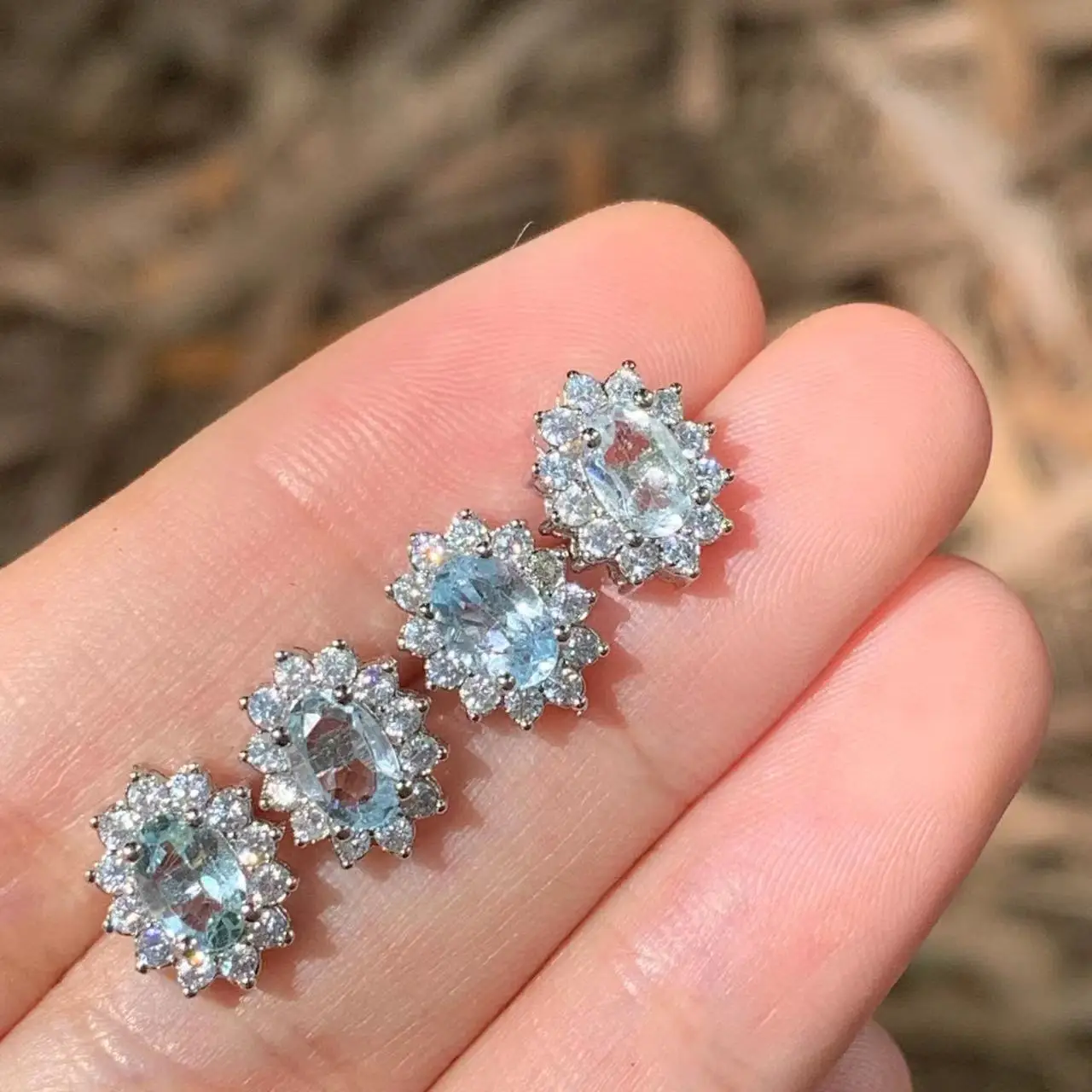 Genuine Natural Blue Topaz 925 Sterling Silver Stud Earrings for women Jewelry Gift 1.4ct Ocean Blue Topaz Oval Pave CZ