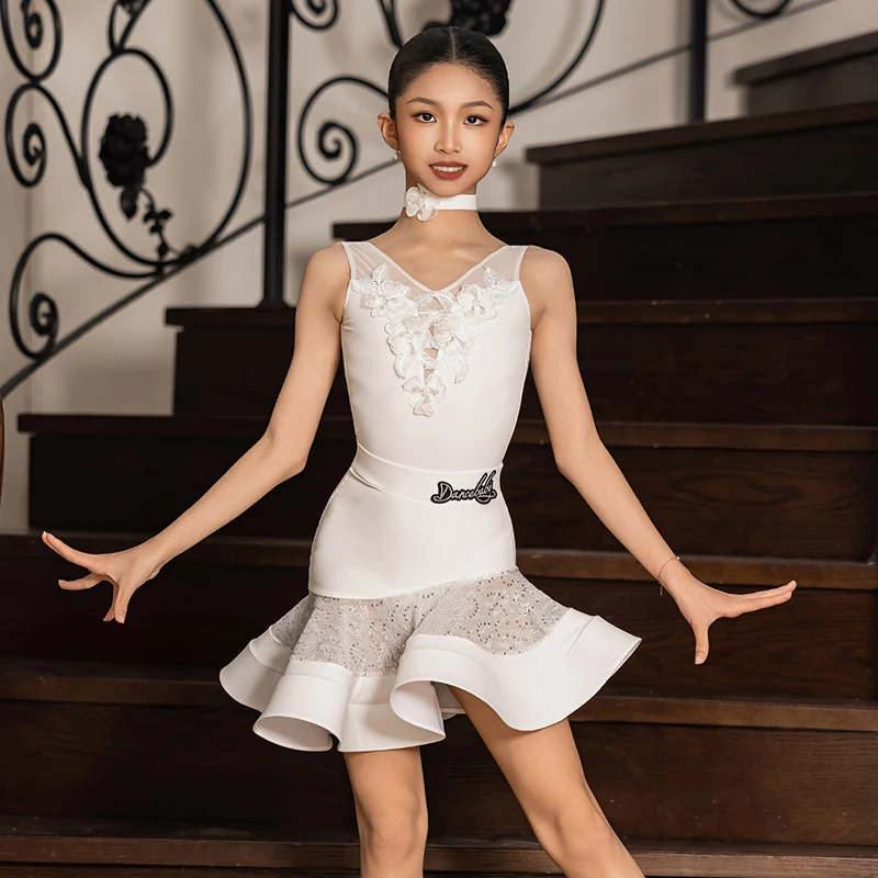 

Latin Dance Costume Clothing Girl's Sleeveless Bodysuit Tops Fish Bone Skirt Split Suit Kids Performance Training Wear VBH1602