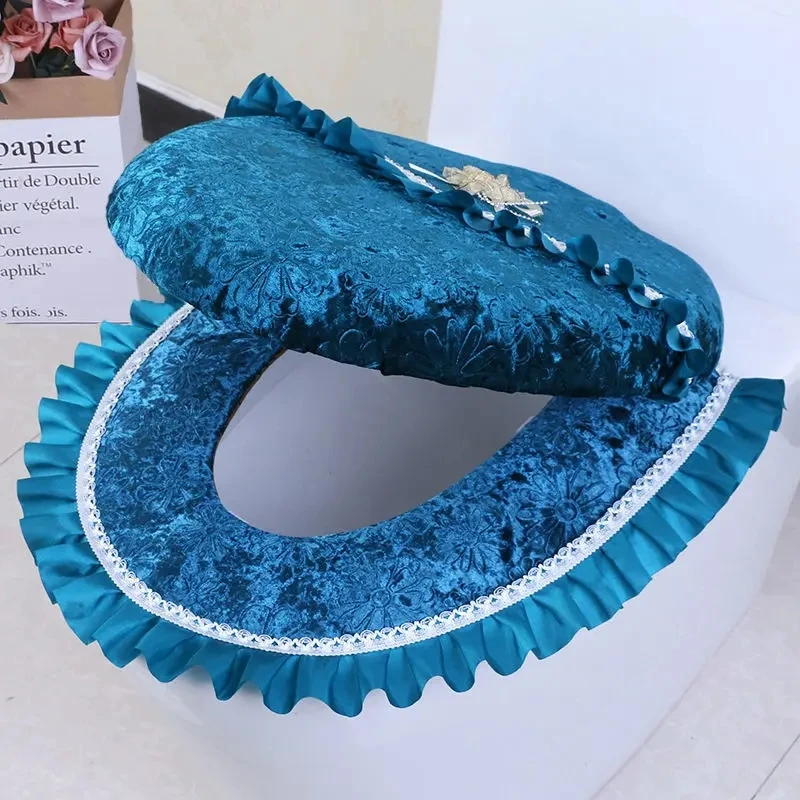 Velvet Toilet Pad Home Two-piece Set Three-piece Set Dust-proof Toilet Tank Cover European Style Lace Toilet Ring Covers