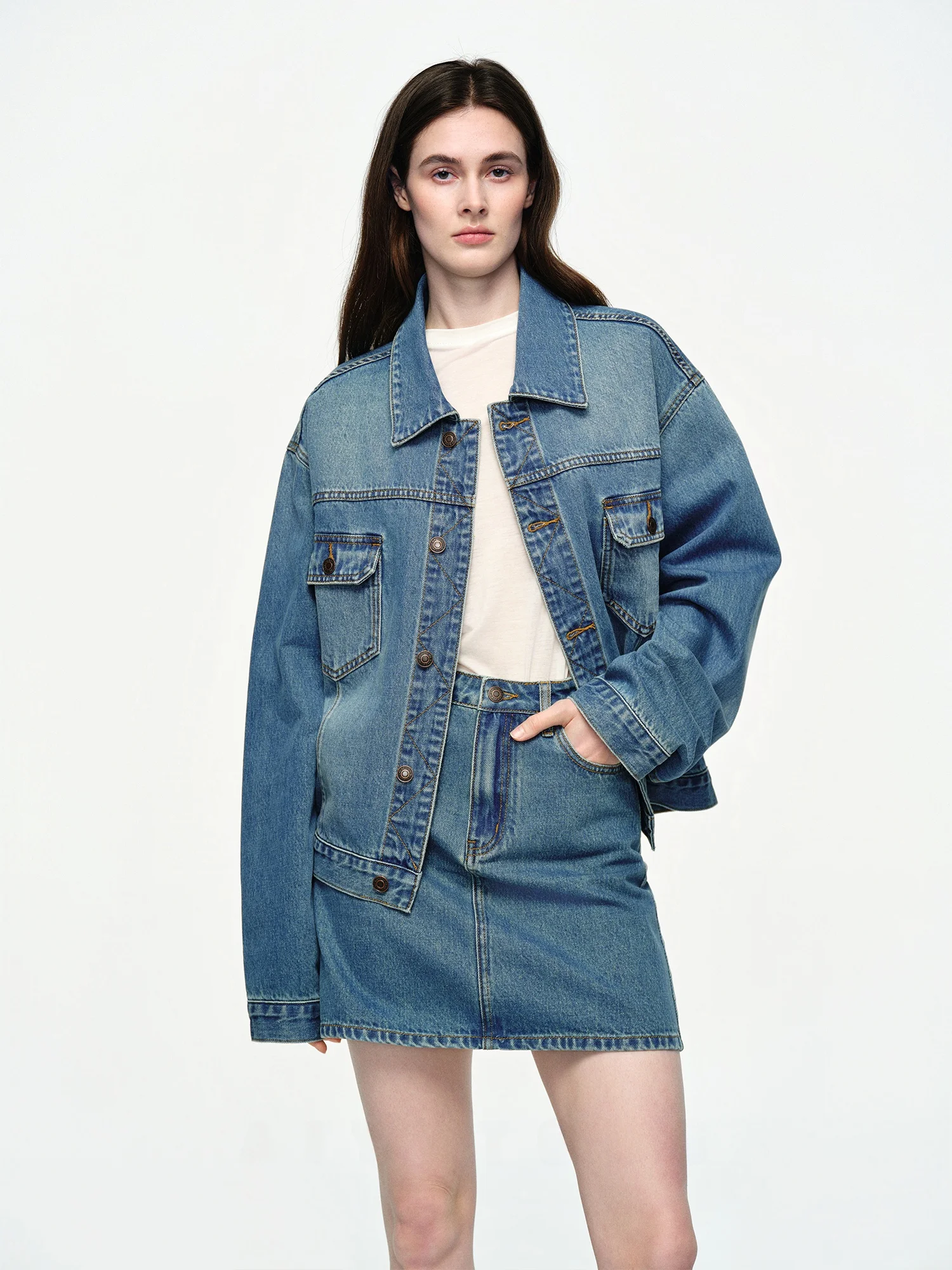 

Loose Women's Denim Jaet And Skirt Set Casual Sle Cotton Material Relaxed Fit Blue Waed out Outerwear