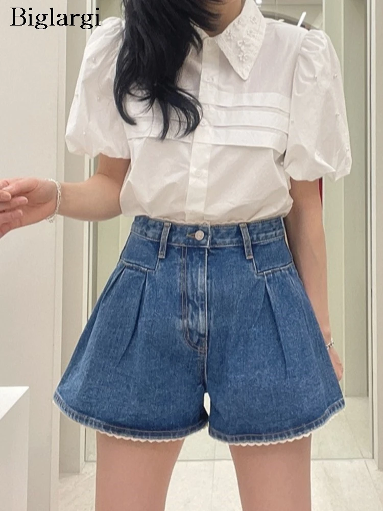 

Jeans Summer High Waist Mini Shorts Women Lace Patchwork Fashion Casual Loose Ladies Trousers Wide Leg Korean Style Woman Shorts