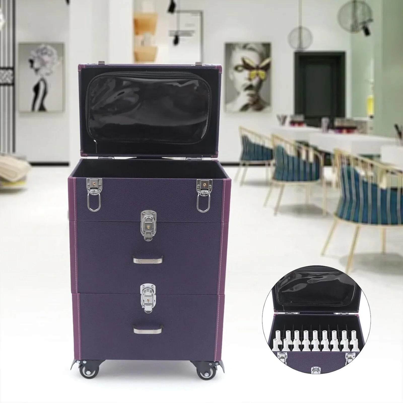 

Purple, Rolling Makeup Case, Makeup Trolley Case with Lock & Wheels, Large Capacity Makeup Train Case Mobile Storage Box