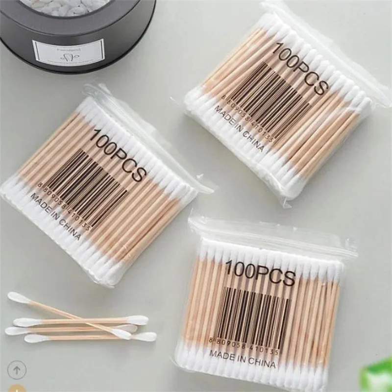 أعواد قطنية برأس مزدوج للنساء، طرف أعواد قطنية للمكياج، أعواد خشبية، تنظيف آذان الأنف، أدوات الرعاية الصحية، 100/500/2000 قطعة