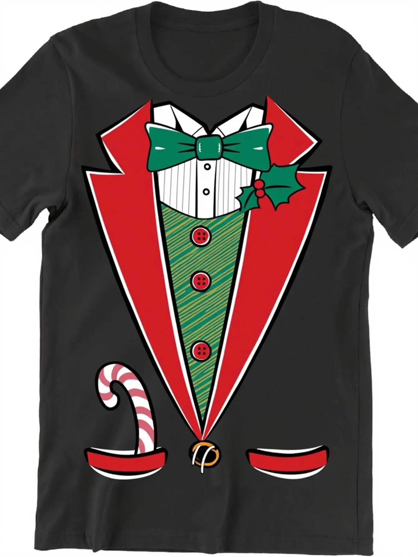 Camiseta Gráfica Negra Divertida para Hombre, con Estampado de Traje de Esmoquin, Pajarita, Bastón de Caramelo y Abrigo Rojo, 100% Algodón de Alto Gramaje, Manga Corta, Estilo Casual Urbano