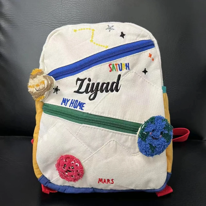 Personalized Custom name White Kindergarten School Bag, Cute Planet Backpack Children's Bag Canvas Bag