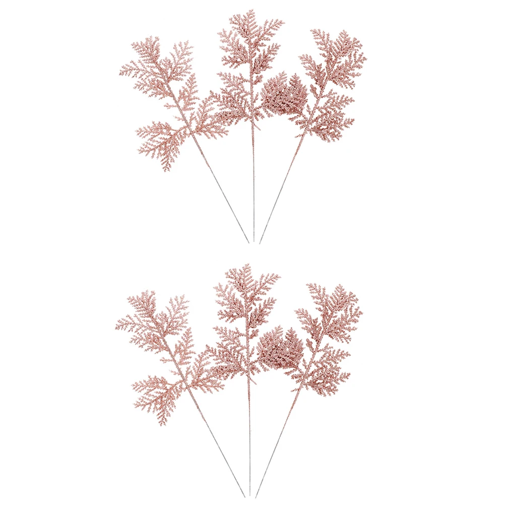 

6pcs Artificial Pine Branches Rose Gold Christmas Decor DIY Craft Plant Stems Party Layout Holiday Table Centerpiece Xmas Tree