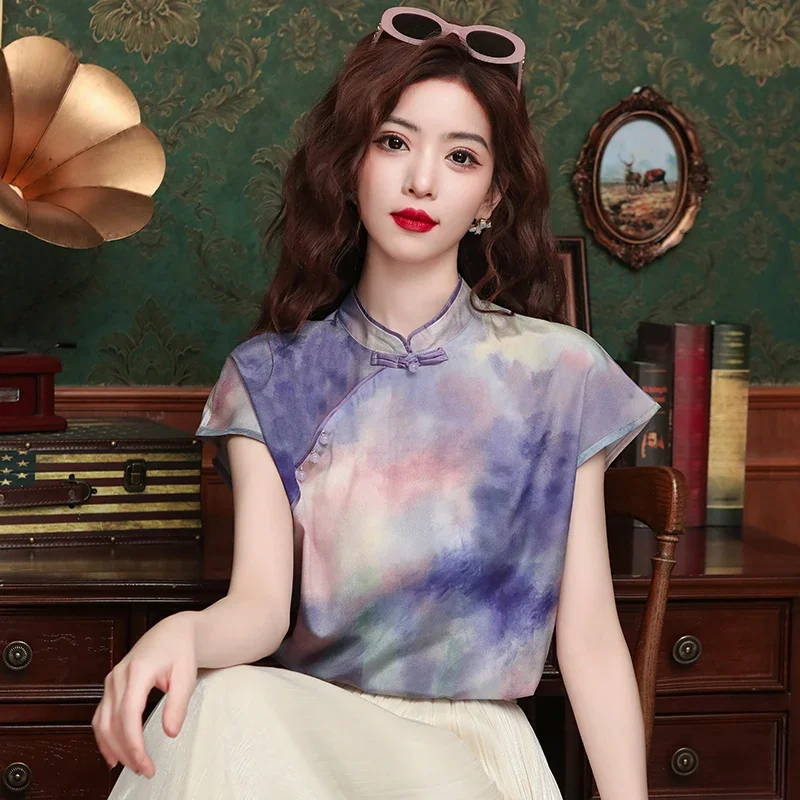 Chiffon Women's Shirt Summer Chinese Style Prints Blouses Loose Fit Sleeveless Vintage Women Tops Fashion Clothing 2024 Korean