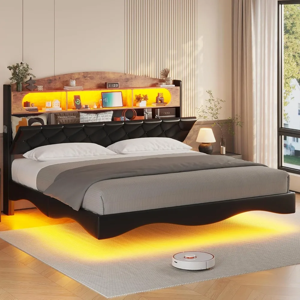 Zwevend Bedframe Kingsize Met Laadstation En Verborgen Opberghoofdeinde, Gestoffeerd Platformbed Met Rgb Led-Verlichting