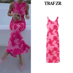 TRAF ZR Floral Dresses Beach Wear Women 2024 Elegant Gown Robes Midi Ankle-Length Party Dress Women's Summer Sundresses