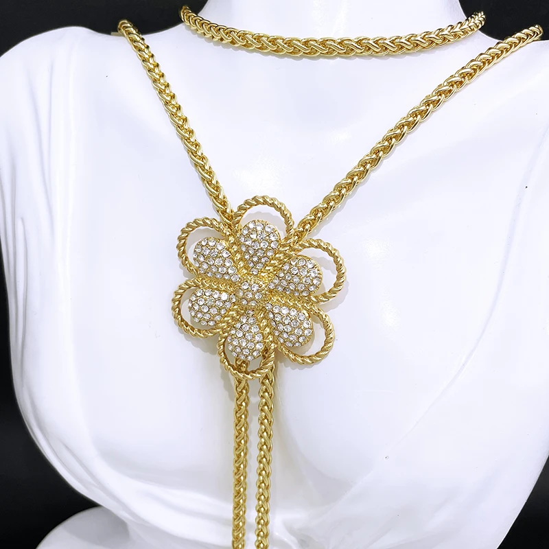 Women Necklace And Earrings Set Long Chain Flower Pendant Adjustable Length Wedding Party Gift