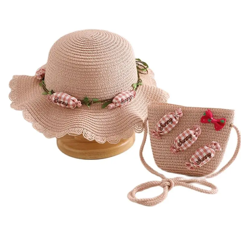 

XEONGKVI Korean Fashion Candy Parent-Child Sun Hat Bag Set Spring Summer Brand Beach Straw Cap For Women Girl Kid Wide Brim