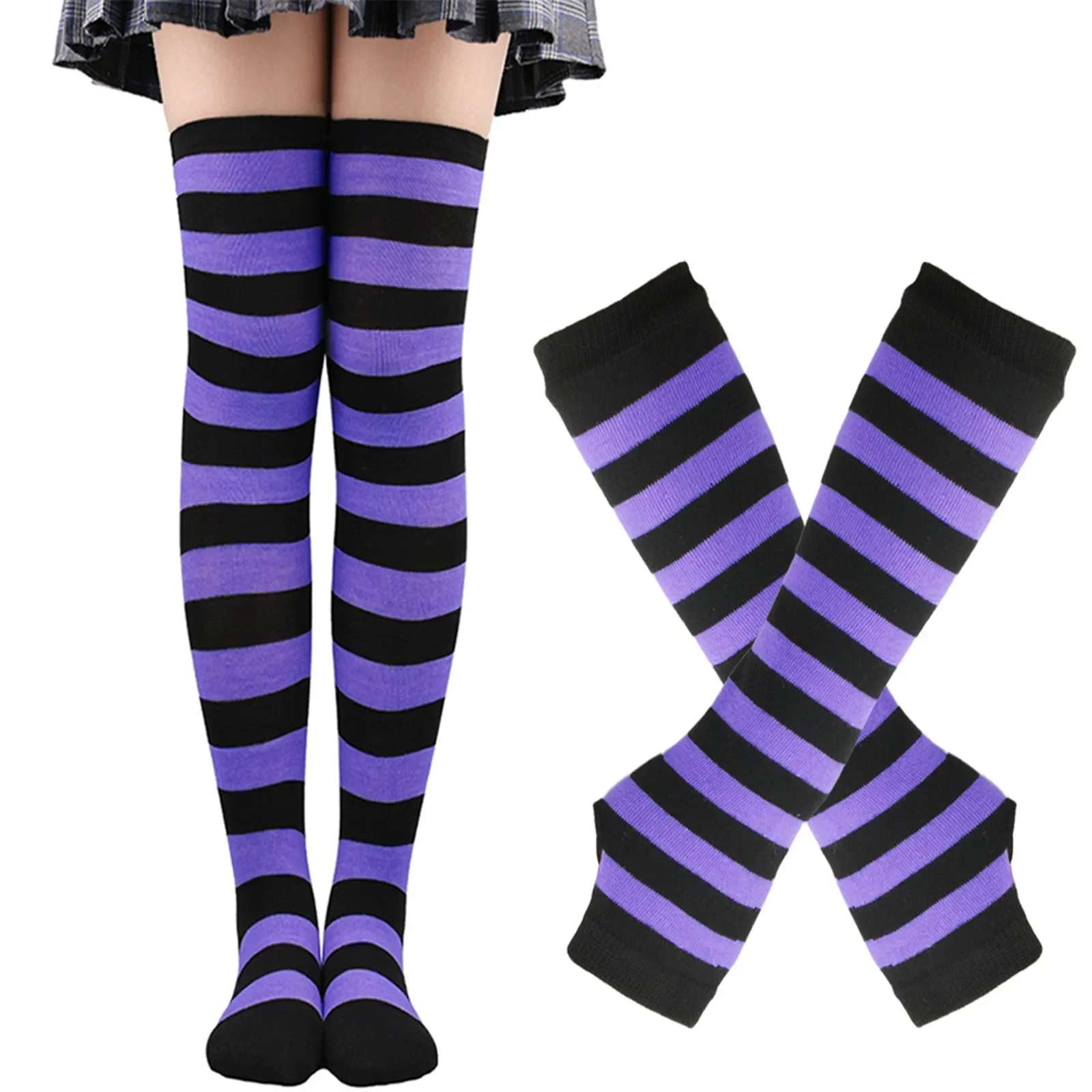 Women Girls Over Knee Long Stripe Printed Thigh High Striped Cotton Socks Gloves Sweet Cute Plus Size Overknee Socks Long Gloves