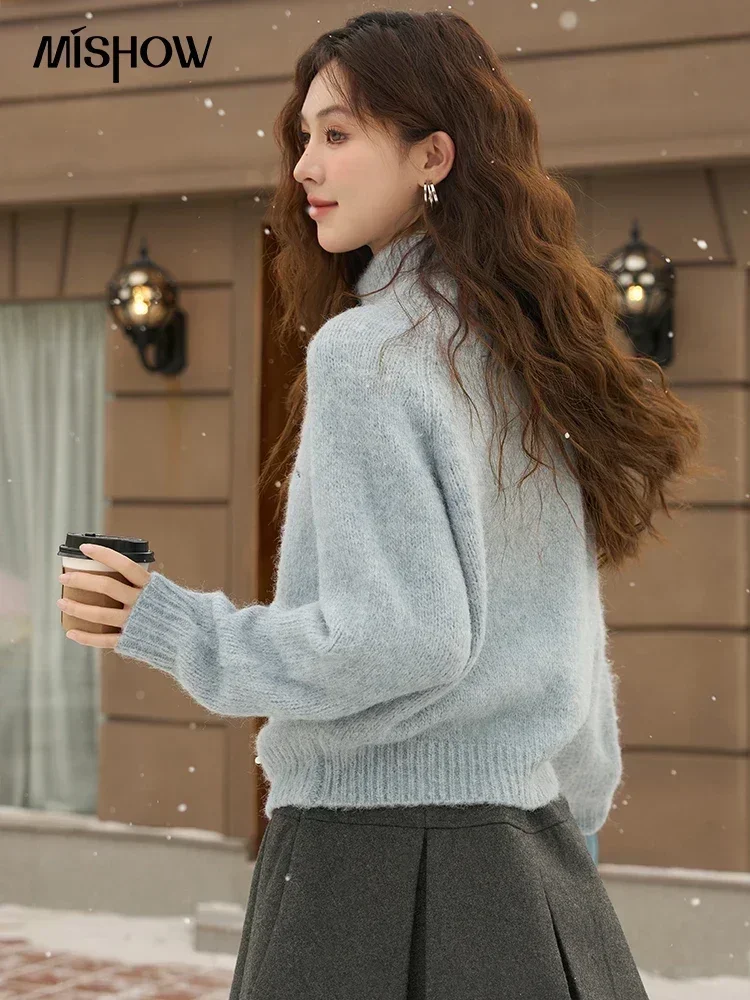 MISHOW Autumn Winter Mock Neck Sweaters for Women 2023 New Korean Loose Half Zip Sweater Pullover Knitted Jumpers Top MXC55Z0418