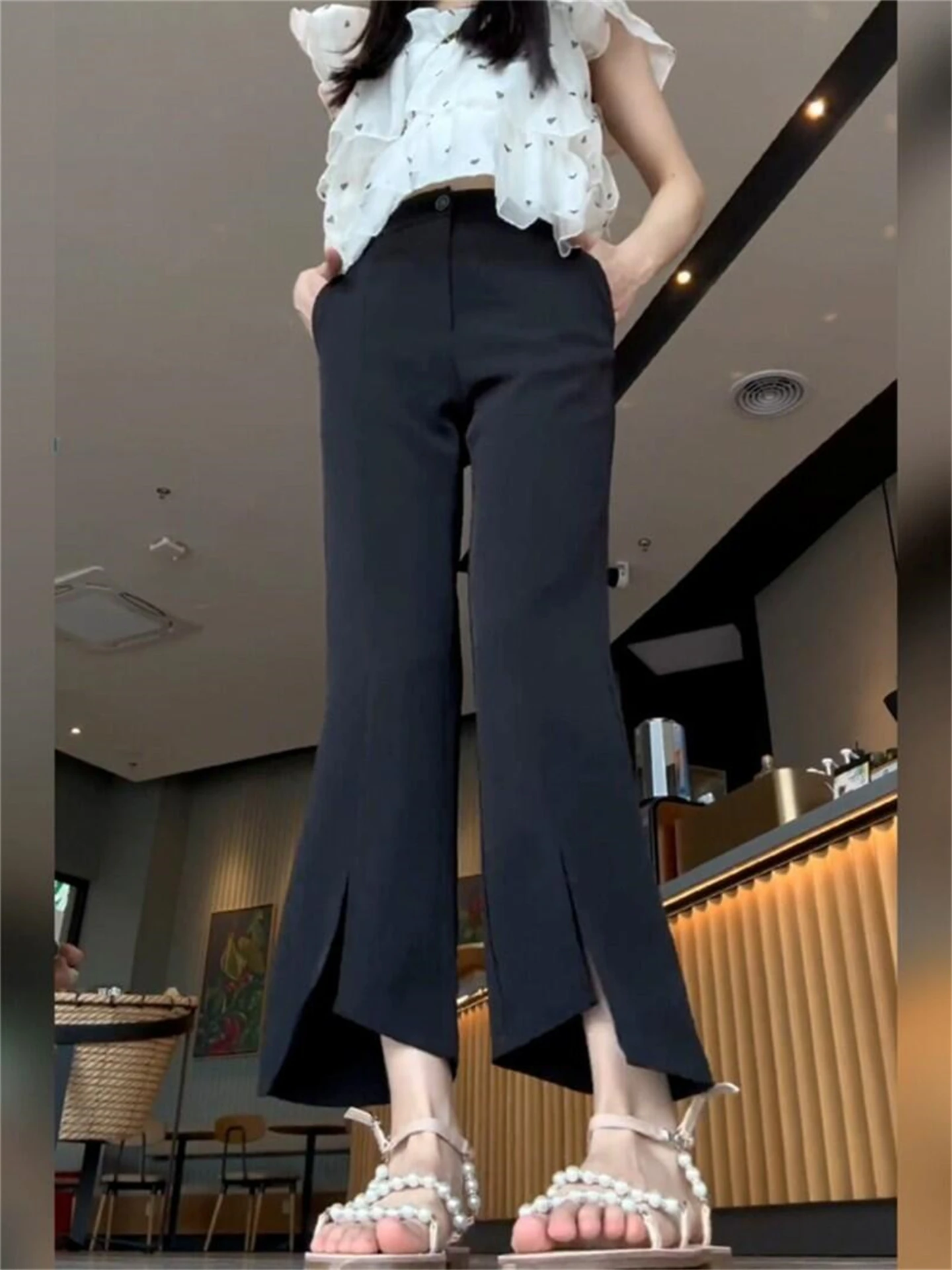 

High Waist Asymmetric Slit Suit Pants Women's Ice Silk Micro Flared Pants Korean Style Commute Fashion Slimming Nine Points