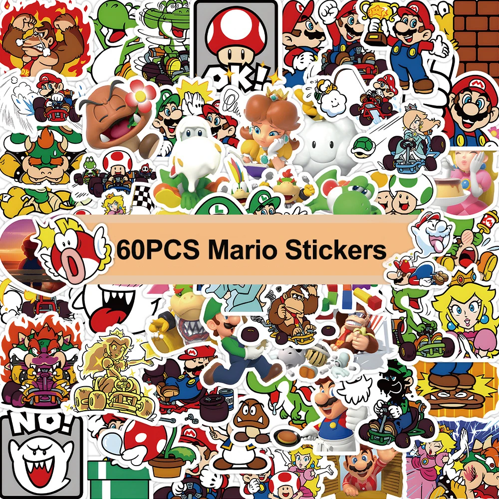 60Pcs Cartoon Mario Game Sticker Water Bottle Notebook Waterproof Pvc Stickers Decoration Supplies