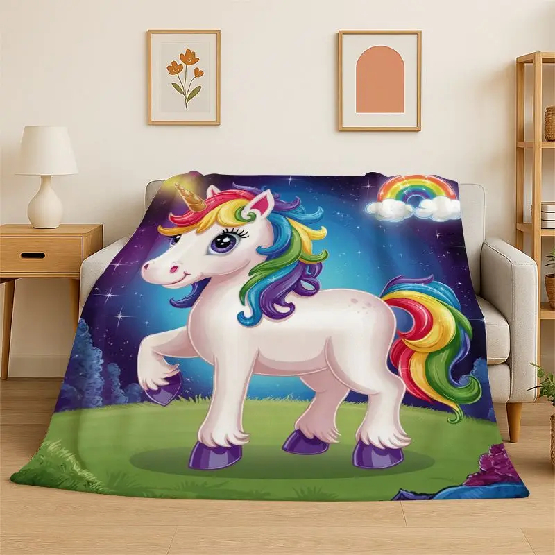 Dream Unicorn Rainbow Cartoon Flannel Blanket Soft Warm Throw Blanket for Bedroom Living Room Bed Travel Camping Picnic Cover