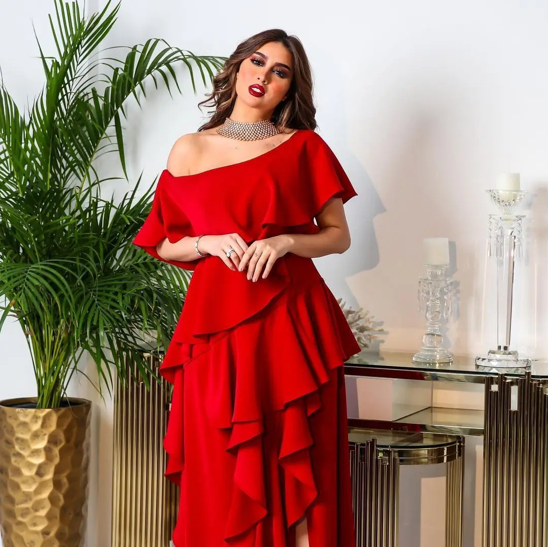 India Dubai Party Dress for Women Skew Collar Ruffle Ball Gown Vestidos Wedding Prom Evening Dress Red Color Morocco Dresses