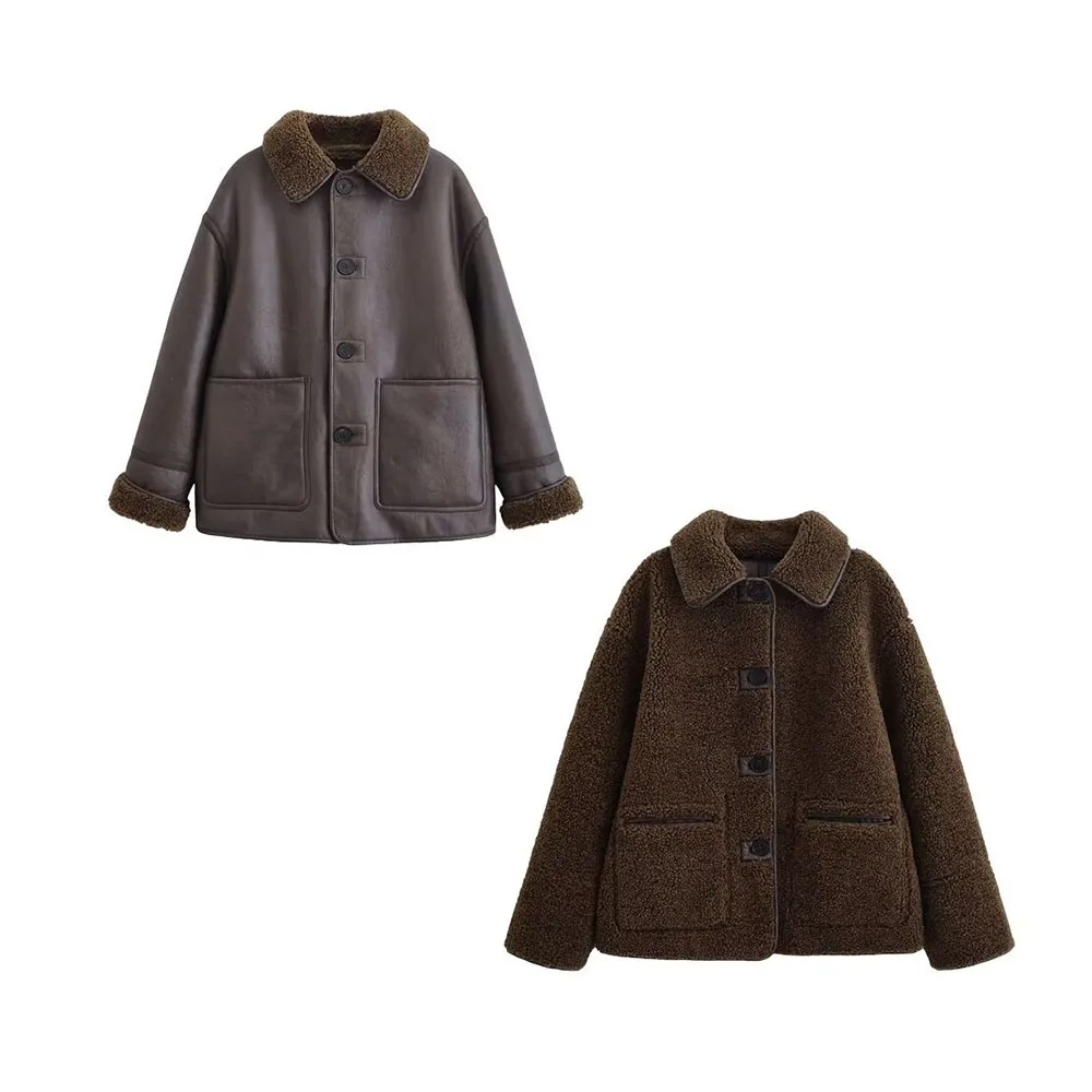 

Autumn and winter new women's clothing design sense fashionable and versatile faux fur integrated lapel jacket