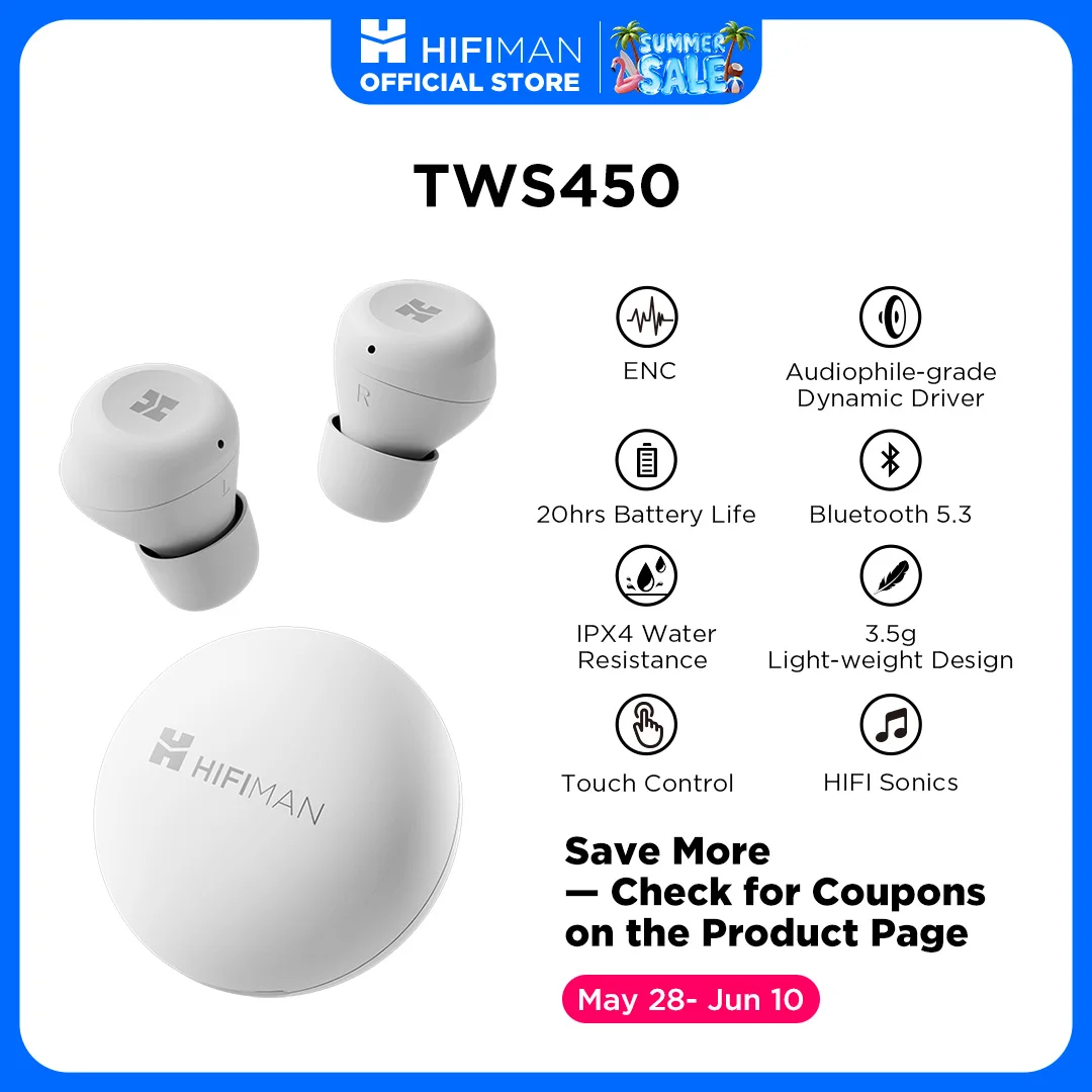 HIFIMAN TWS450 True Wireless Stereo Headset with Environmental Noise Cancellation & Audiophile-grade Dynamic Driver