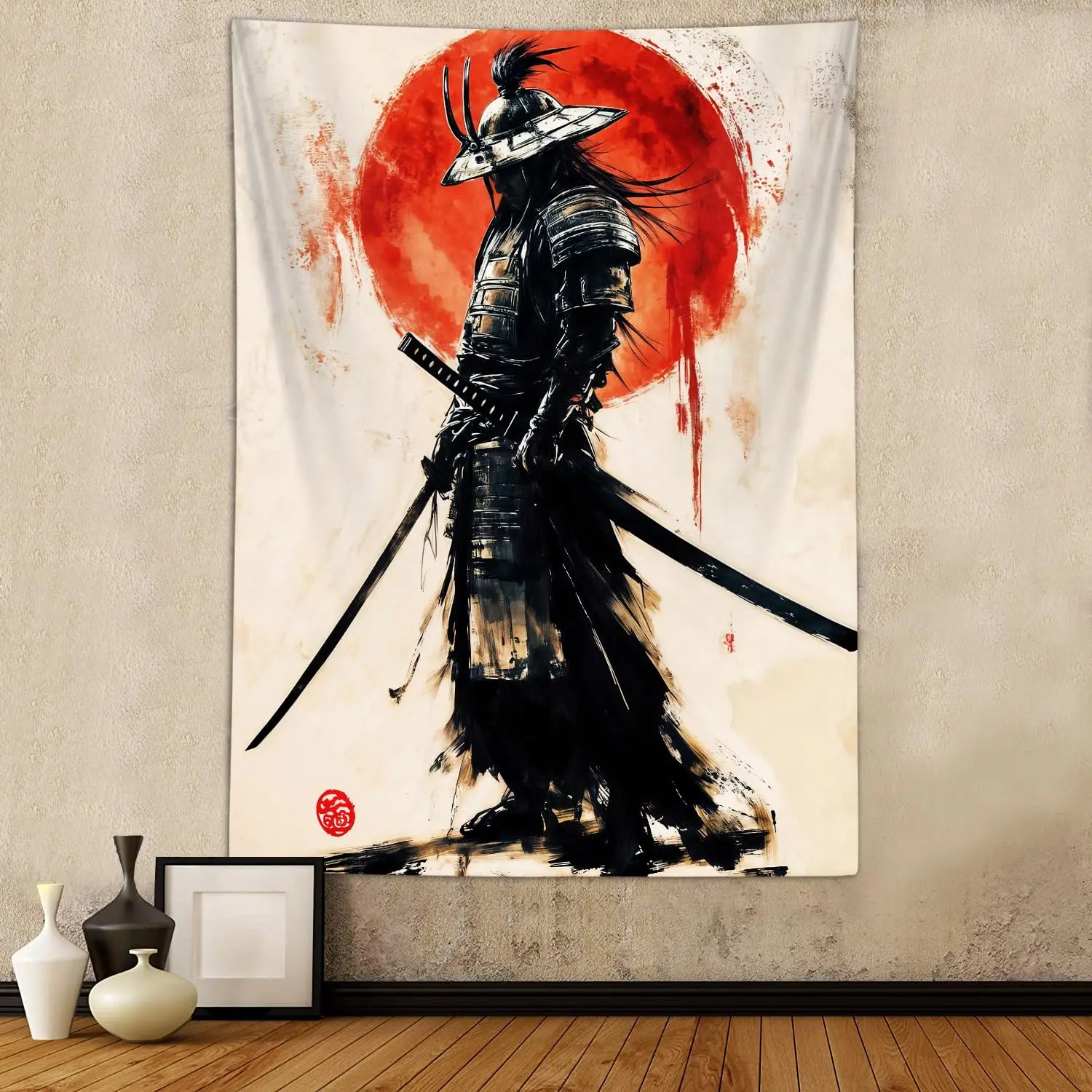 

Anime Samurai Tapestry - Black & Red Sun Art, Cool Wall Hanging for Boys & Men Bedroom