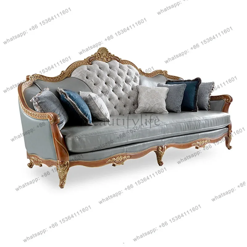 

02Home French sofa gray-blue leather art 123 sofa combination villa large apartment