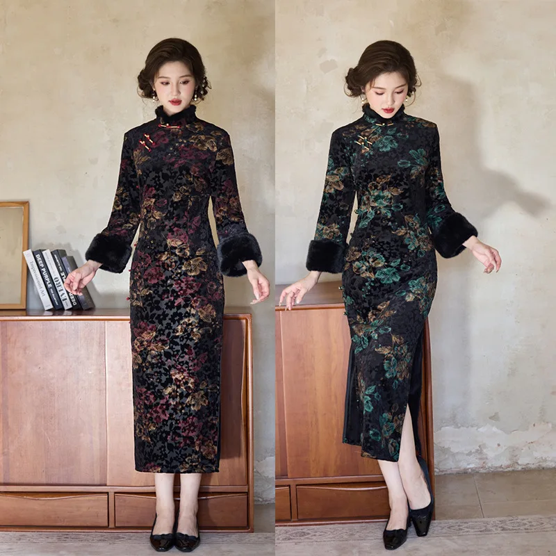 

Cheongsam, новое зимнее плотное темпераментное платье Ципао в новом китайском стиле в стиле ретро Ципао с длинными рукавами Ципао