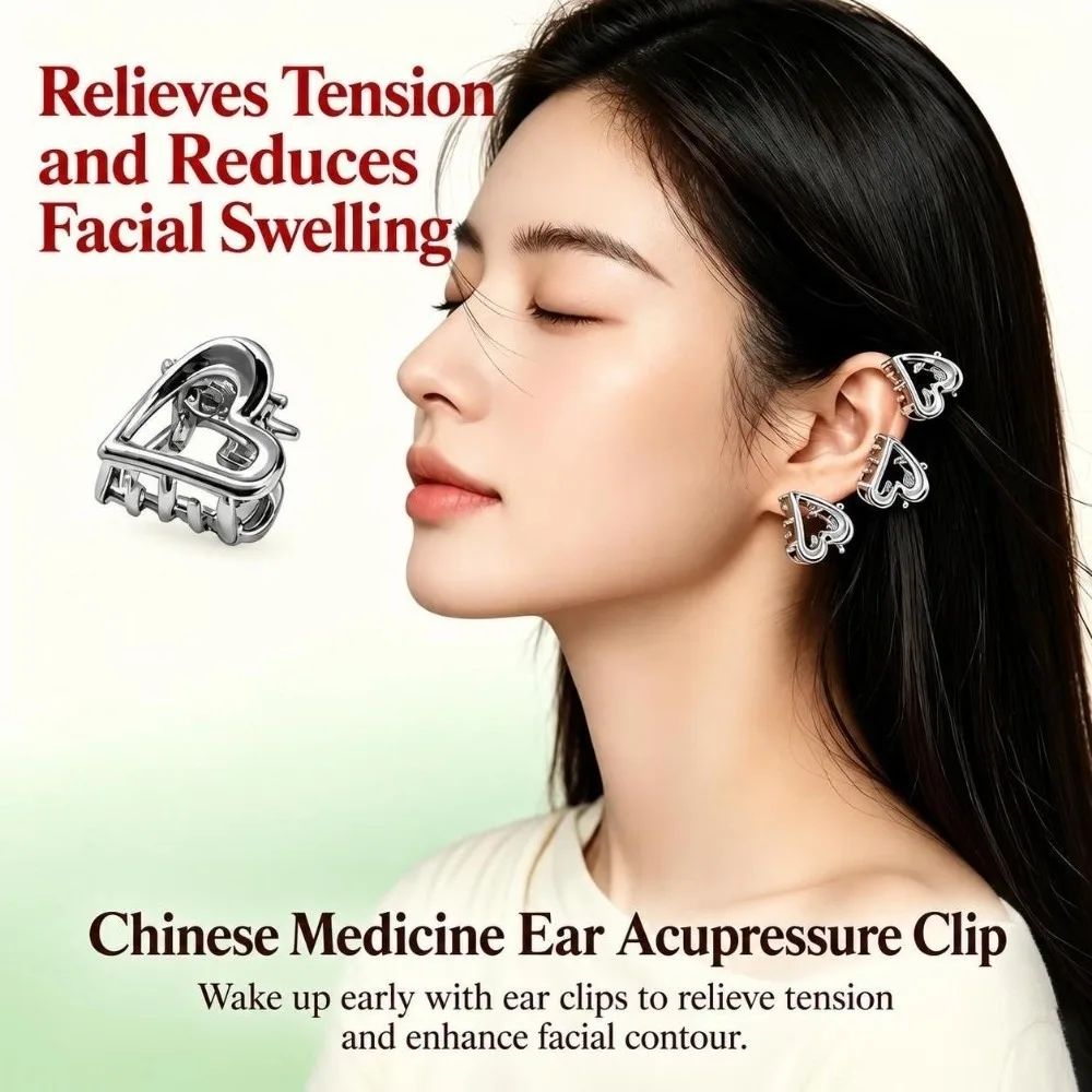 6Pcs Heart Shaped Ear Acupressure Clips Toothed Jaw Spring Grip Ear Massage Clips Silver‑Tone Claw‑Type Ear Reflexology Clamps