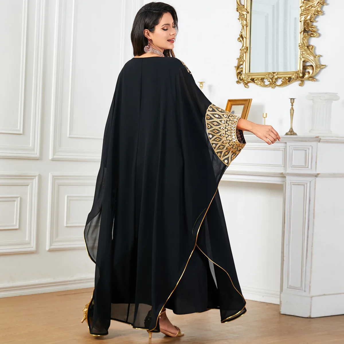 Marokko-Kaftan, schwarzes muslimisches Maxikleid mit Fledermausärmeln für Frauen, 2024, Dubai, Abaya, Türkei, arabische Robe, Kaftan, Djellaba, Jalabiya Eid