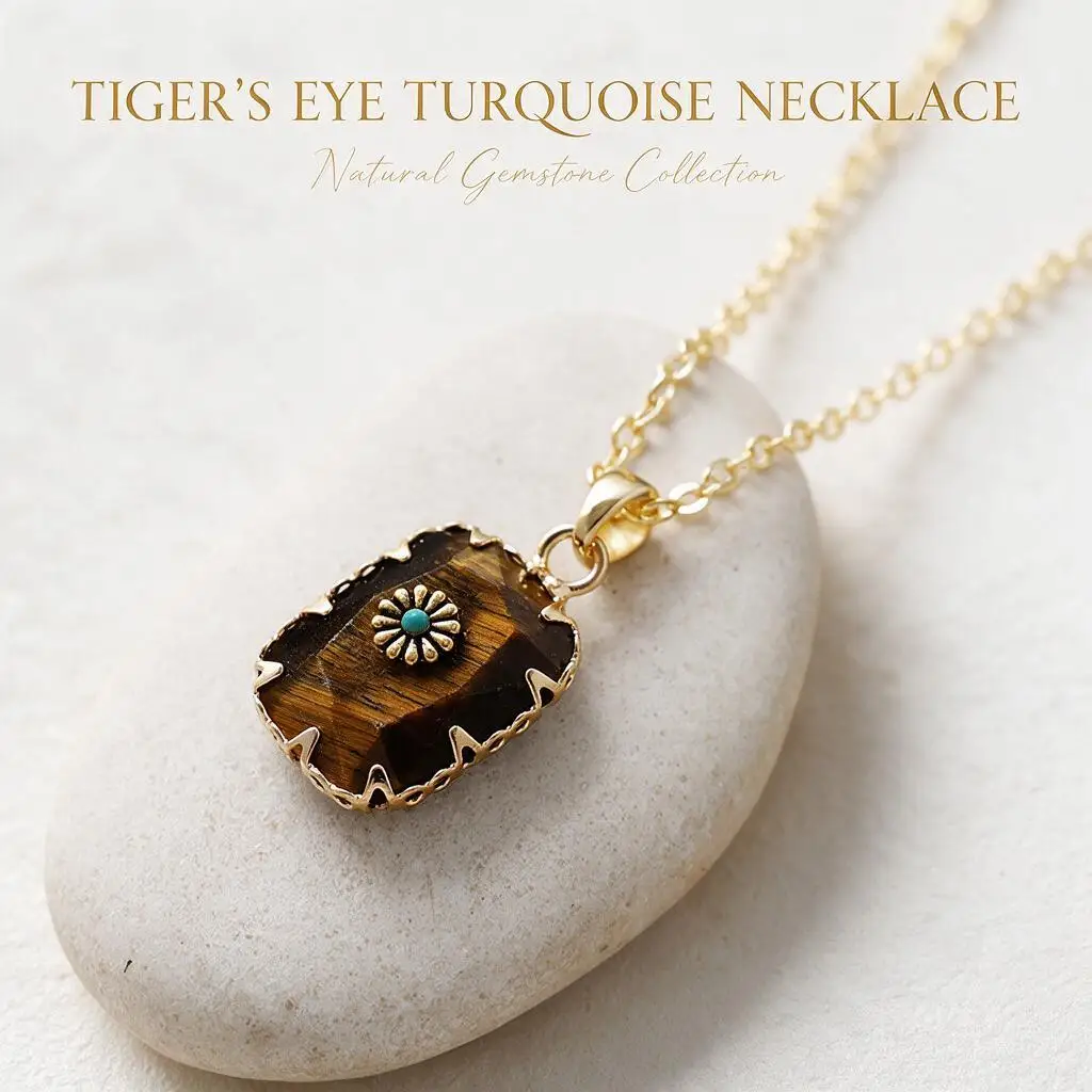 Vintage Natural Gemstone Geometric Pendant Necklace Gold Plated Copper Unisex Jewelry Tiger Eye Green Aventurine Obsidian Gift