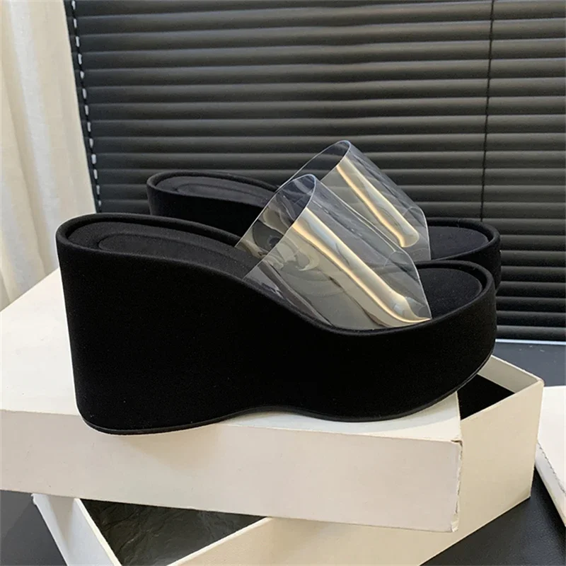 Eilyken Summer Fashion PVC Transparent Women Slippers Solid Platform Wedges High Heels Shoes Peep Toe Sandals Ladies Shoes