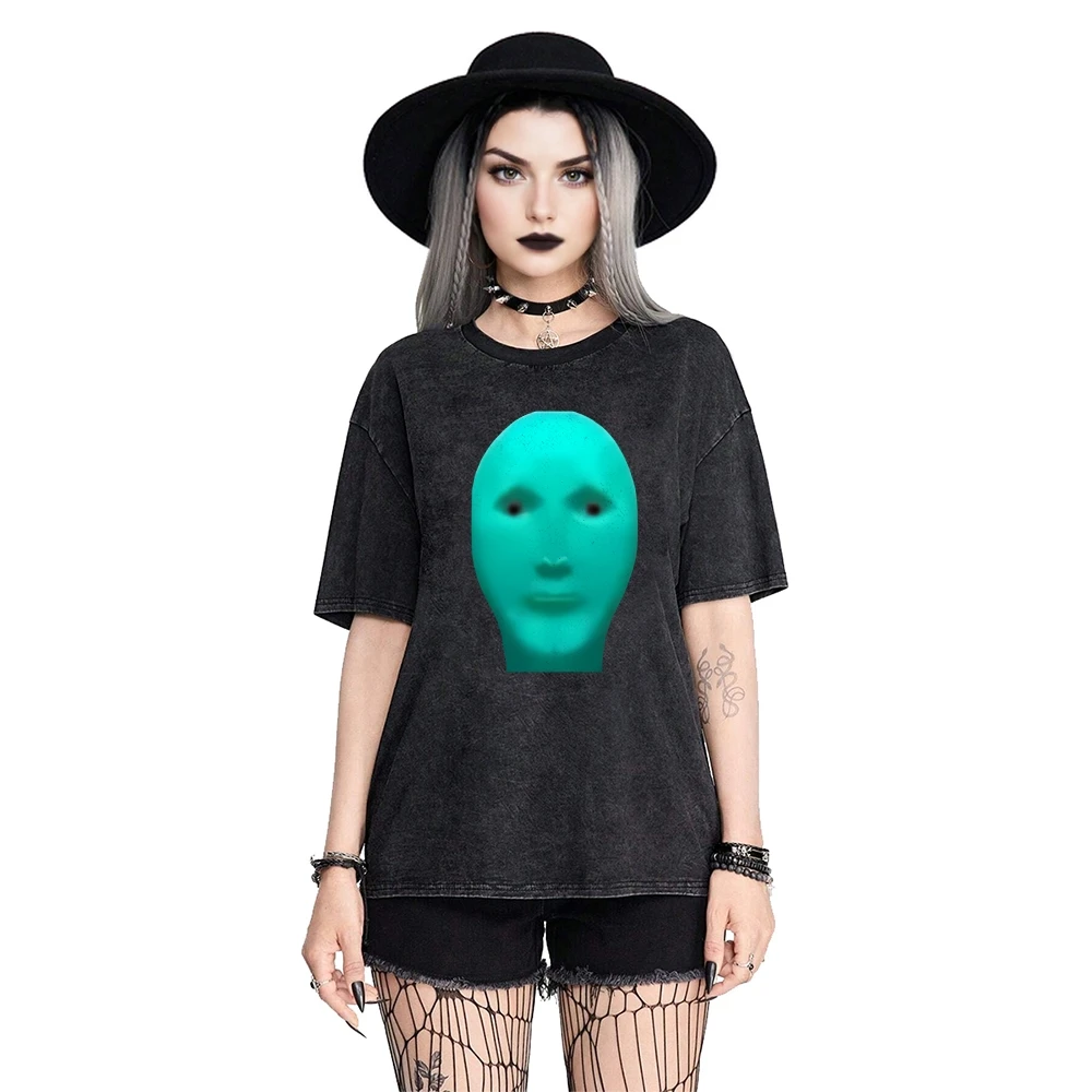 

Unique Mens Black Washed T Shirt with Creative Green Face Graphic Print Streetwear Style Casual Loose Fit Short Sleeve for Daily